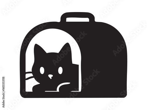 Black silhouette of cat inside carrier, isolated on white background, graphic illustration. concept of pet transport, feline safety, travel accessory, icon, design element