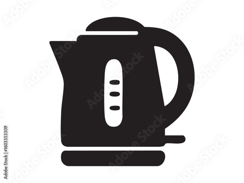 Black silhouette of an electric kettle isolated on white background, icon design. concept of kitchen appliance, domestic tools, boiling water, logo, graphic illustration