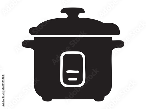 Black silhouette of electric rice cooker or multicooker isolated on white background. Concept of kitchen appliance, automatic cooking device, home electronics, modern food preparation