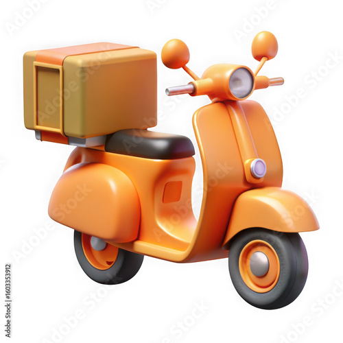 3d orange delivery scooter with cargo box isolated on transparent background