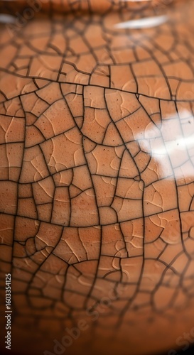 Close-up of Cracked Brown Ceramic Surface with Glossy Finish in Artistic Style