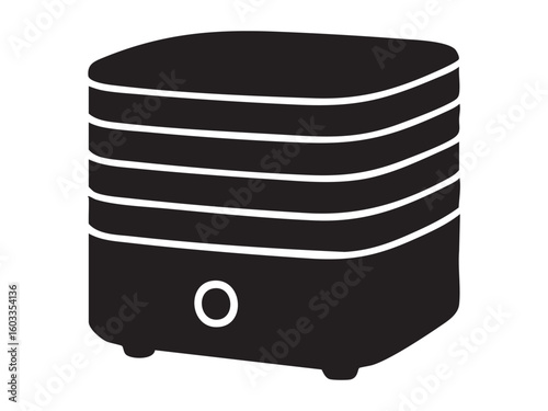 Black silhouette of food dehydrator machine with stacked trays isolated on white background, illustration. Concept of kitchen appliance, drying fruits and vegetables, healthy food preservation