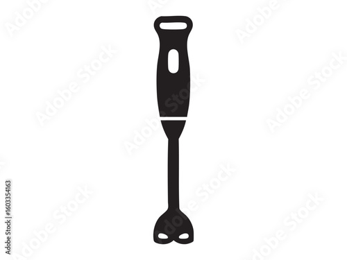 Black silhouette of kitchen hand blender, isolated on white background, graphic illustration. concept of home appliance, cooking tool, food preparation, icon, logo, design element