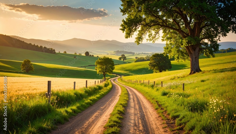 Fototapeta premium Winding country road through lush green hills bathed in golden sunset light, serene nature.