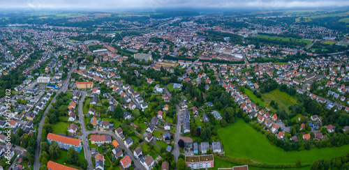 Aerial view around the city Zweibrücken in Germany on a cloudy spring morning