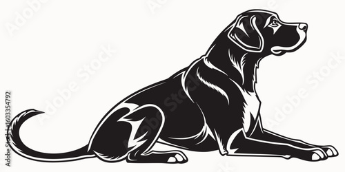 Black and white illustration of a dog lying down with its head turned to the right side view image