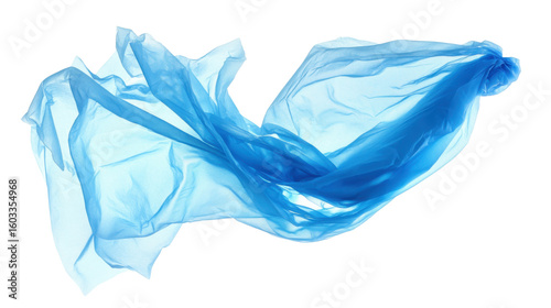 A single blue crumpled plastic shopping grocery bag in flying on white background 
