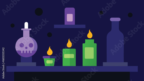 candles and potion bottles on dark shelf  spooky vector background