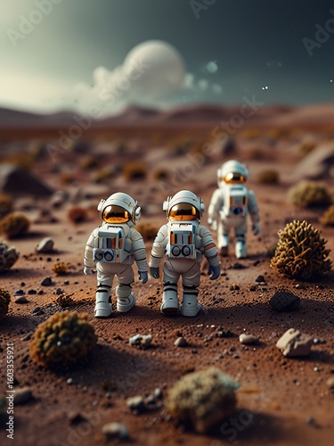Miniature astronauts with helmets in mars background illustration
