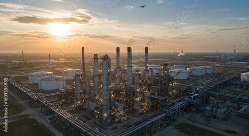 Oil Refinery at Sunset with Plane in the Sky, Environmental Concerns and Industrial Complex at Twilight