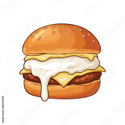 Delicious burger with melted cheese and fried egg illustration