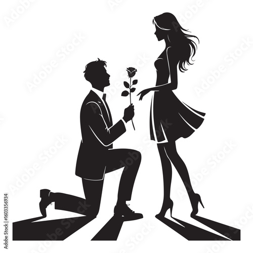 Silhouette of a man proposing with a rose to a woman in a dress