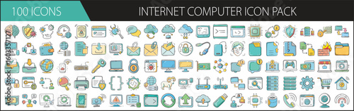 Internet and Computer Icon Pack with 100 Digital and Network Elements - A comprehensive set of 100 cartoon-style internet and computer icons, featuring devices, files, cloud storage, coding, settings