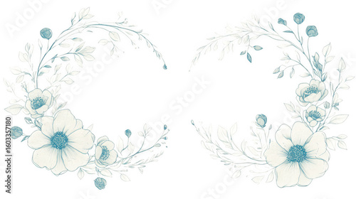 Elegant Blue and Cream Floral Wreath; Watercolor Style; Romantic, Delicate Design Element