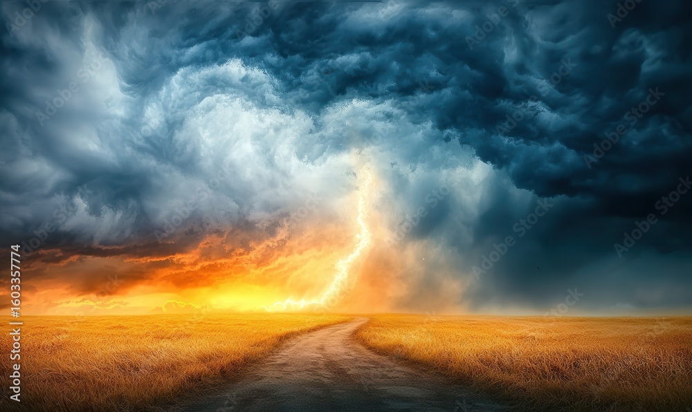 Raging storm sweeps across golden field, revealing the raw power of Nature's tempestuous dance Raging storm sweeps across golden field, revealing the raw power of Nature's tempestuous dance