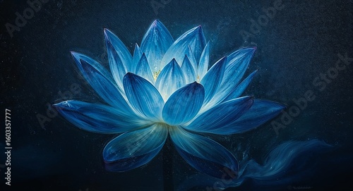 Close up of a blue lotus flower with a dark background and soft lighting highlighting the petals