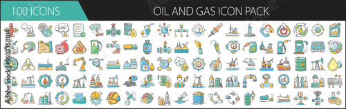 Oil and Gas Icon Pack with 100 Industry and Energy Elements - A comprehensive set of 100 cartoon-style oil and gas icons, featuring rigs, refineries, pipelines, fuel, safety gear, and extraction tools