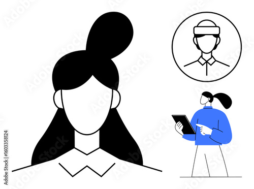 Minimalist woman with unique hairstyle, tablet in hand, and profile circle, representing technology, identity, creativity, and connectivity. Ideal for profiles, tech education creativity