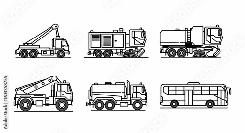 Airport Ground Support Transport Line Icon Set – Runway Inspection, Sweeper, Generator, Water Loader, Passenger Bus Vector

