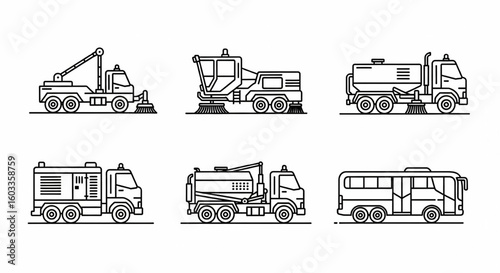 Airport Ground Support Transport Line Icon Set – Runway Inspection, Sweeper, Generator, Water Loader, Passenger Bus Vector

