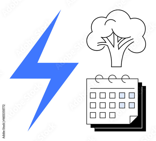 Lightning bolt, tree, and calendar signify sustainable energy, nature conservation, and time management. Ideal for energy solutions, ecology, scheduling environment power planning timelines. A