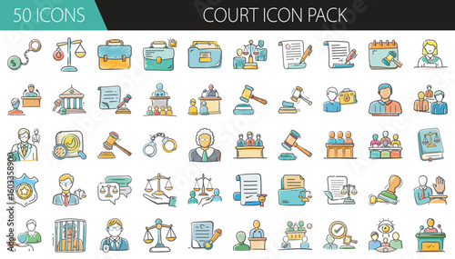Court Icon Pack with 50 Legal and Justice Elements - A professional set of 50 cartoon-style court icons, including judges, gavels, scales, lawyers, documents, and law symbols for legal, civic, 