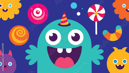 funny monsters and candy pattern  colorful halloween background