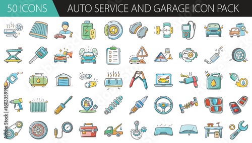 Auto Service and Garage Icon Pack with 50 Vehicle Maintenance Elements - A detailed set of 50 cartoon-style auto service icons, featuring tools, car parts, diagnostics, repairs, and garage equipment 