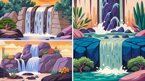 moss-covered rocks set with a small waterfall , Highly detailed abstract vector illustration
