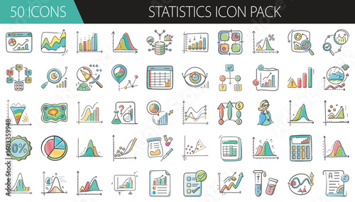 Statistics Icon Pack with 50 Data Analysis and Chart Elements - A comprehensive set of 50 cartoon-style statistics icons, including charts, graphs, formulas, and data tools for business, research