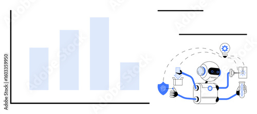 Robot interacting with chart bars, lightbulb, shield, tools, lab flask, and gear symbolizing data analysis, multitasking, innovation decision-making automation and problem-solving. Ideal