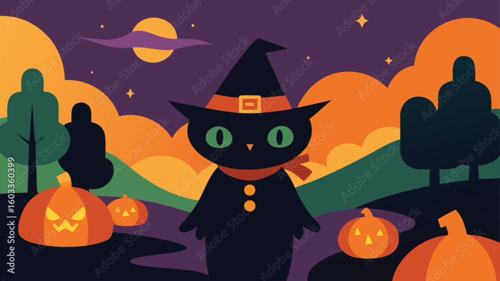 Fototapeta premium halloween witch cat in pumpkin patch cozy vector background
