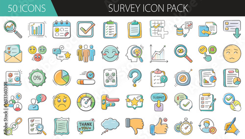Survey Icon Pack with 50 Feedback and Data Collection Elements - A colorful set of 50 cartoon-style survey icons, including checklists, graphs, ratings, emotions, and analysis tools for feedback