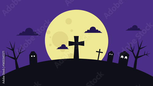 halloween night with grave crosses and full moon   vector background 