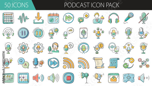 Podcast Icon Pack with 50 Audio and Broadcasting Elements - A vibrant collection of 50 cartoon-style podcast icons, featuring microphones, headphones, sound waves, recording tools, and broadcasting 