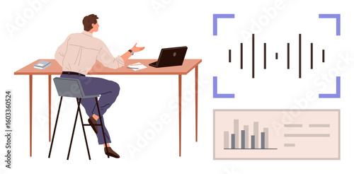 Man sitting at desk with laptop, charts, and voice recognition interface. Ideal for AI, technology, remote work, productivity, data analysis innovation collaboration. Simple flat metaphor