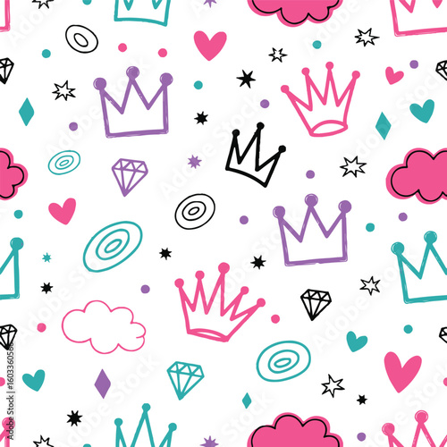 seamless vector of crowns hearts stars diamonds clouds and swirls for fun creative designs