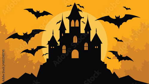 haunted castle silhouette with flying bats  vector background