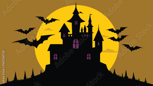 haunted castle silhouette with flying bats  vector background
