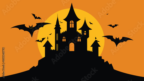 haunted castle silhouette with flying bats vector background
