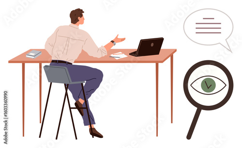 Person seated at a desk engages in discussion with laptop, open notebook, magnifying glass highlighting focus, and speech bubble representing communication. Ideal for focus, productivity, teamwork