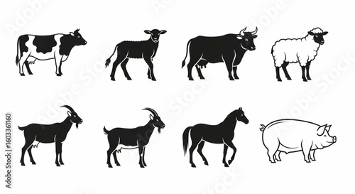 Farm Animals Line Icon Set – Cow, Bull, Sheep, Lamb, Goat, Horse, Pig, Livestock Vector Illustration

