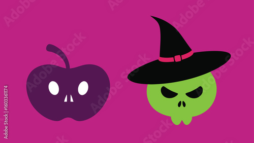 poison apple and witch hat doodles  spooky vector 
