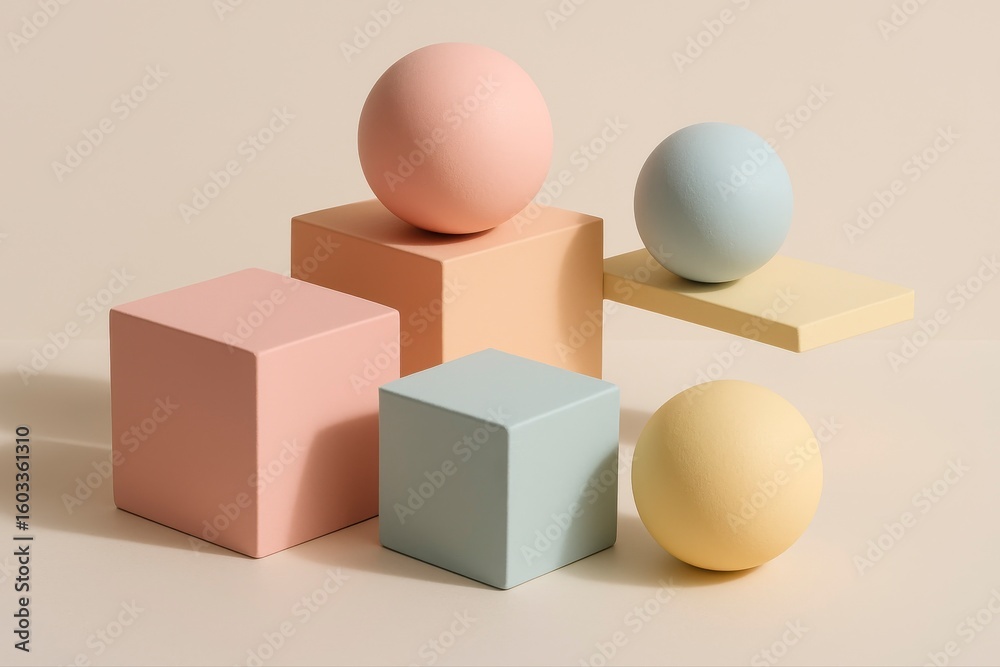Obraz premium Pastel geometric shapes arrangement featuring cubes and spheres on beige