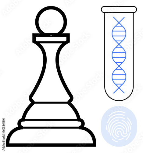Chess pawn, DNA strand in a test tube, and fingerprint suggest strategy, innovation, genetics, identity, decision-making, research and personal development. Ideal for biotech strategy genetic