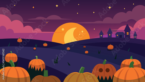 pumpkin field at twilight  cozy halloween vector