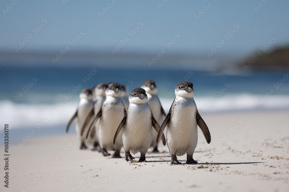 Obraz premium group of adorable new zealand penguins reacts playfully to intense ultrabright sunlight