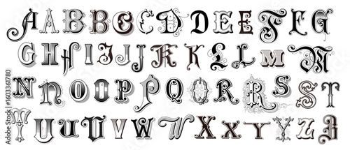 alphabet of 19th Century style capital letters / initials, retro font and design elements for chapter beginnings, personal branding, monograms and more