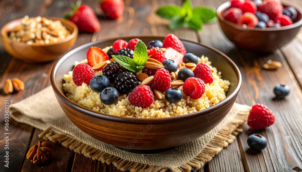 Warm Quinoa Breakfast Bowl with Berries and Almond Butter Drizzle. Healthy Food Close Up Warm Quinoa Breakfast Bowl with Berries and Almond Butter Drizzle. Healthy Food Close Up