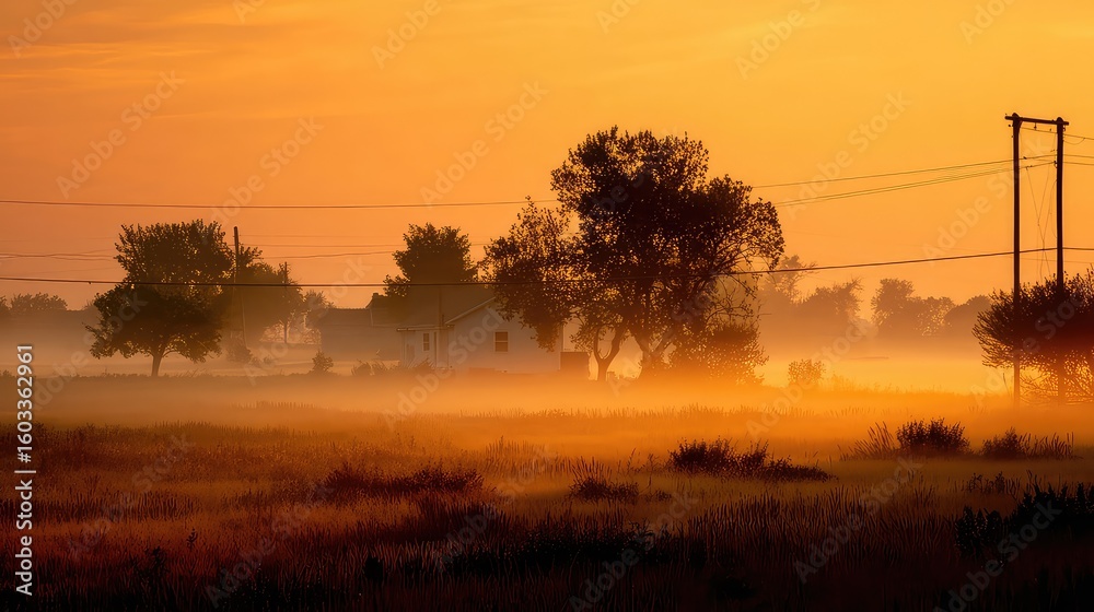 Obraz premium Golden Meadow Fog at Sunrise